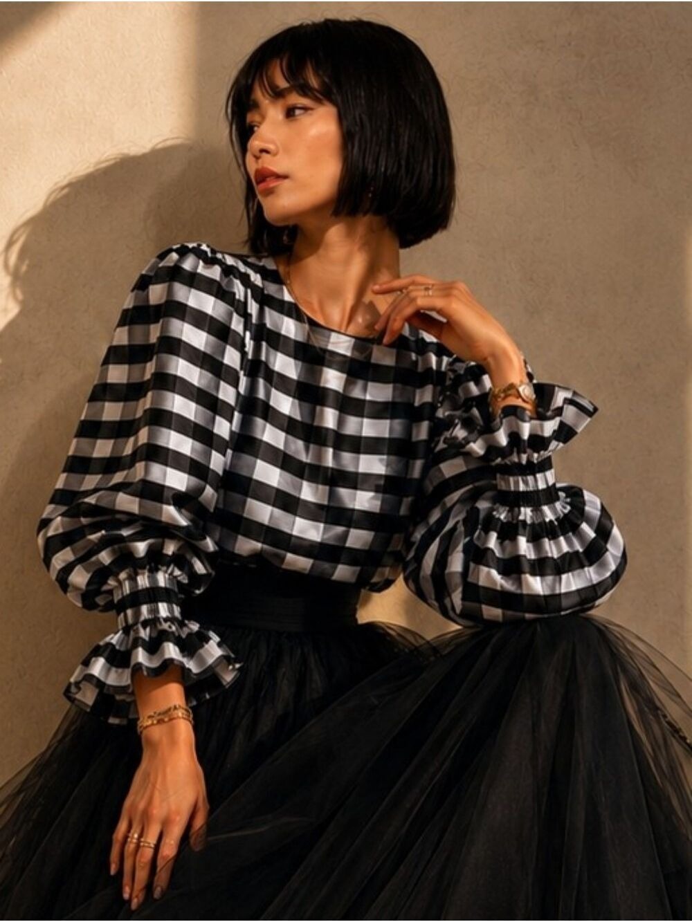 Black, Blue Gray Gingham Shimmer Puff Balloon Sleeve Statement Blouse Top 4/6